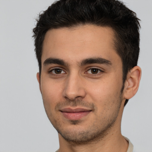 Joyful white young-adult male with short  black hair and brown eyes