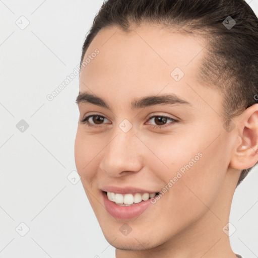 Joyful white young-adult female with short  brown hair and brown eyes