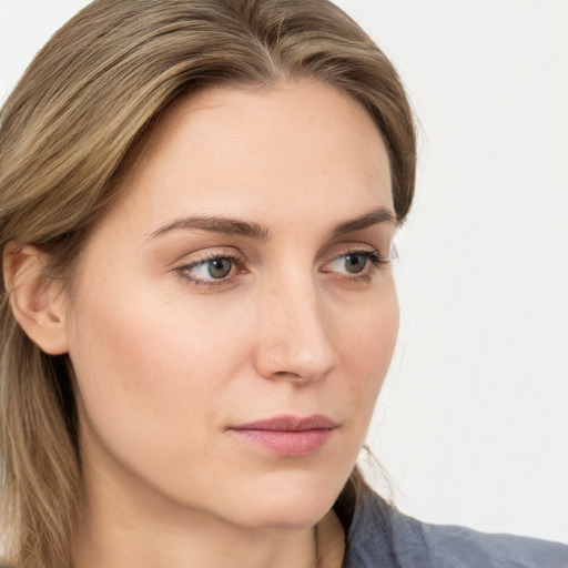 Neutral white young-adult female with long  brown hair and grey eyes