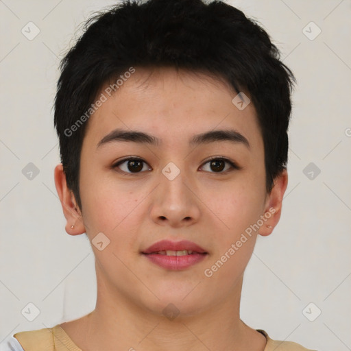 Joyful asian young-adult female with short  brown hair and brown eyes