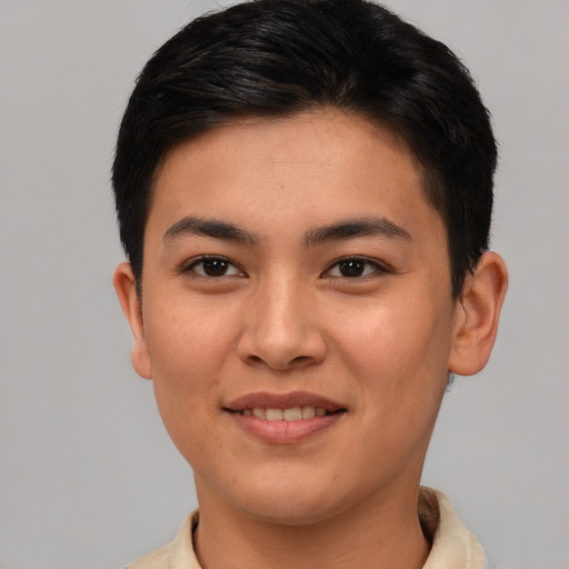 Joyful asian young-adult female with short  brown hair and brown eyes