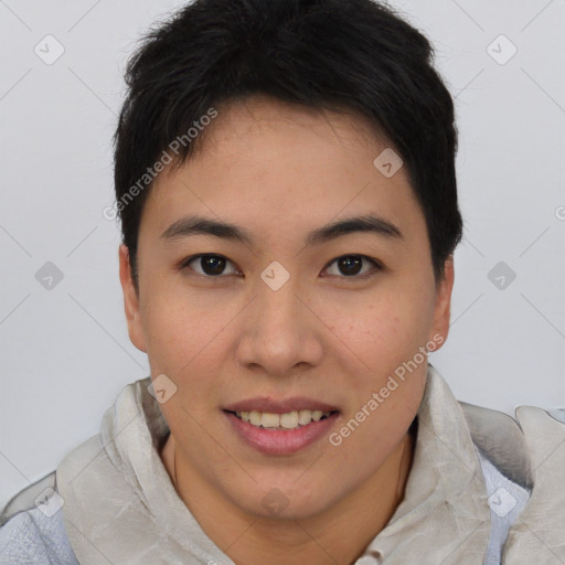 Joyful asian young-adult female with short  brown hair and brown eyes