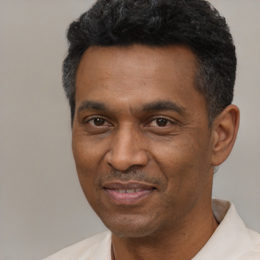 Joyful latino adult male with short  black hair and brown eyes