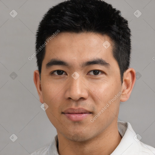 Neutral asian young-adult male with short  black hair and brown eyes