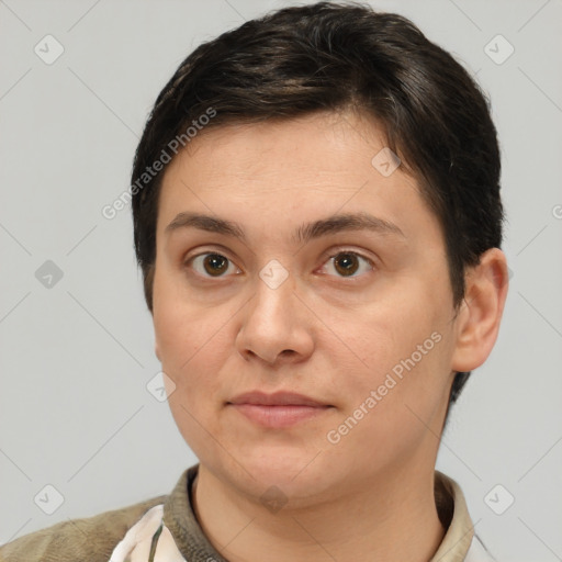 Neutral white young-adult female with short  brown hair and brown eyes