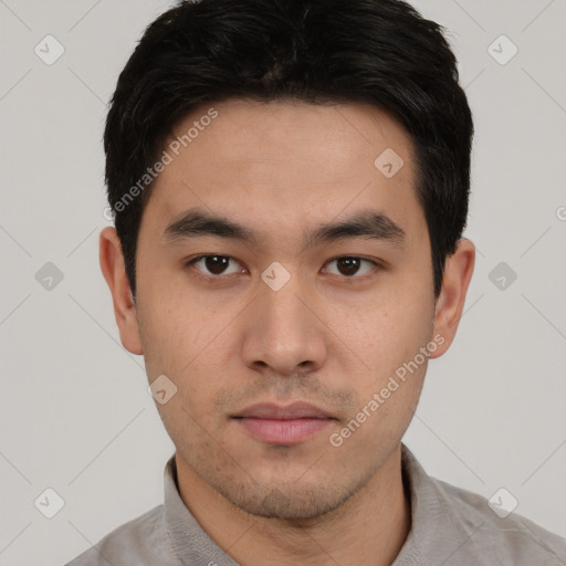 Neutral asian young-adult male with short  black hair and brown eyes