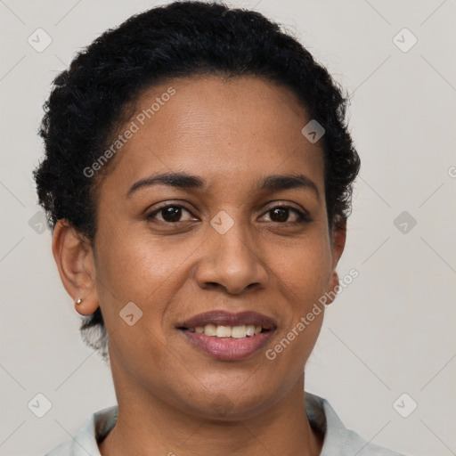 Joyful latino young-adult female with short  brown hair and brown eyes