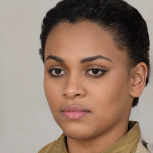 Neutral latino young-adult female with short  brown hair and brown eyes
