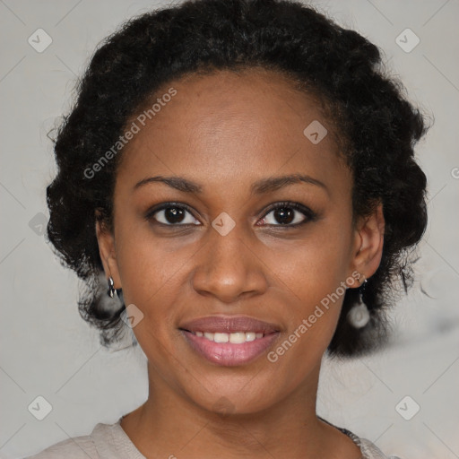 Joyful black young-adult female with medium  black hair and brown eyes