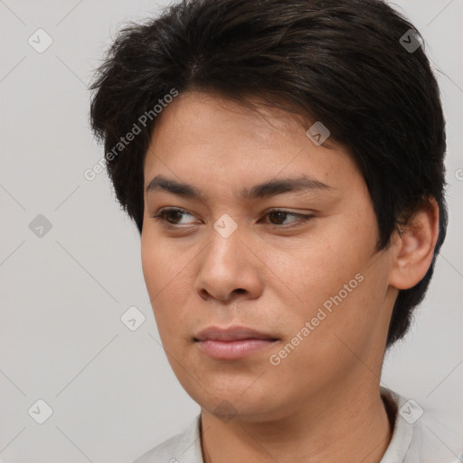 Neutral white young-adult female with short  brown hair and brown eyes