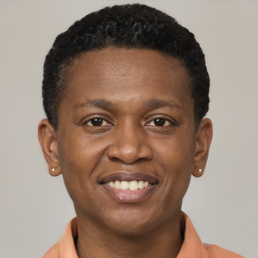 Joyful black young-adult male with short  brown hair and brown eyes