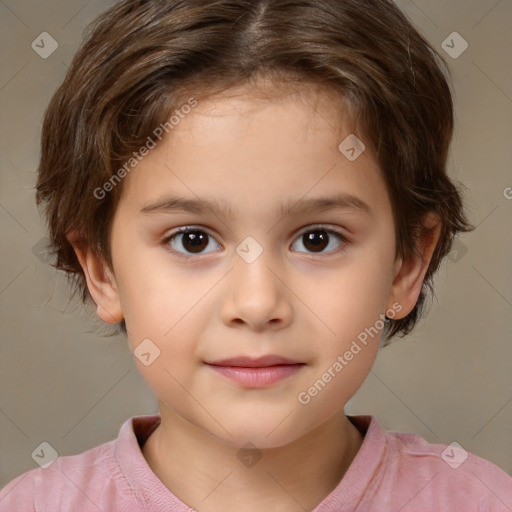 Joyful white child female with medium  brown hair and brown eyes