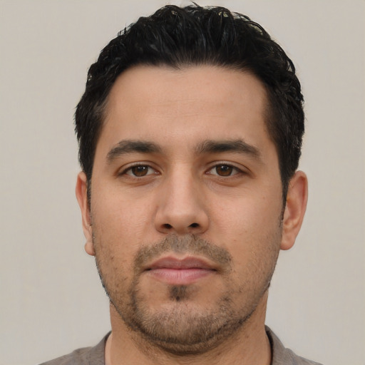 Neutral asian young-adult male with short  black hair and brown eyes