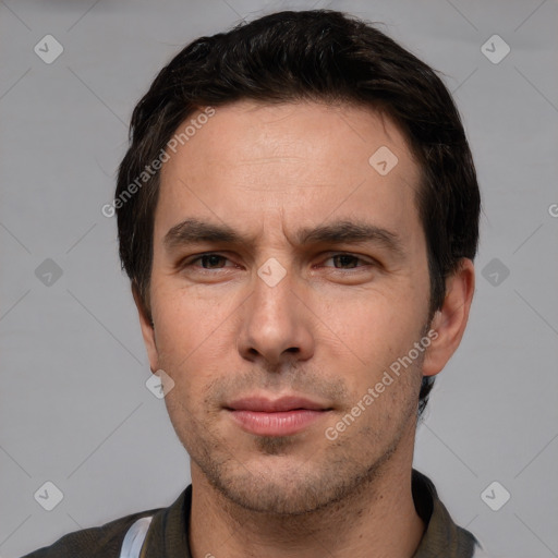 Neutral white adult male with short  black hair and brown eyes