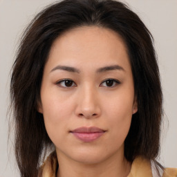 Neutral asian young-adult female with medium  brown hair and brown eyes