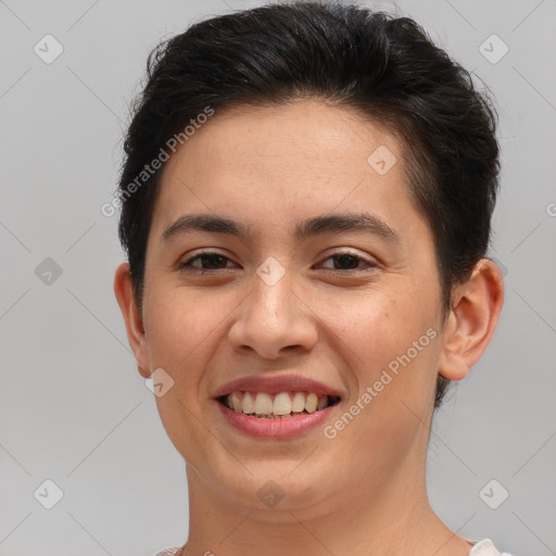 Joyful white young-adult female with short  brown hair and brown eyes