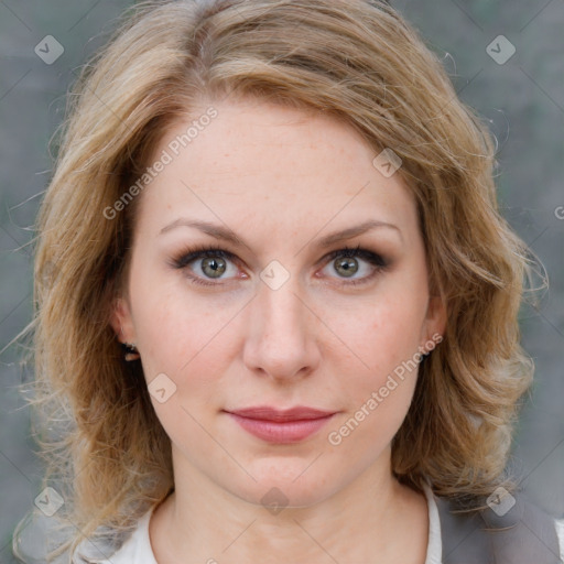 Joyful white young-adult female with medium  brown hair and blue eyes