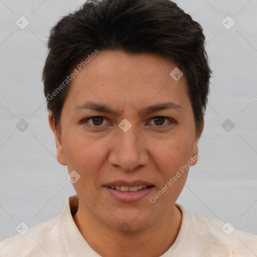 Joyful white adult female with short  brown hair and brown eyes