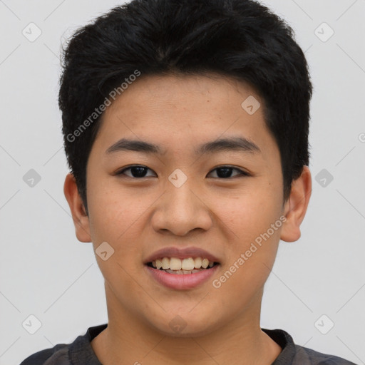 Joyful asian young-adult male with short  black hair and brown eyes