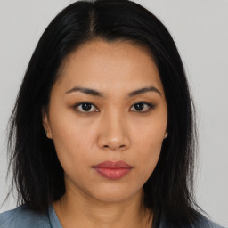 Neutral asian young-adult female with long  black hair and brown eyes