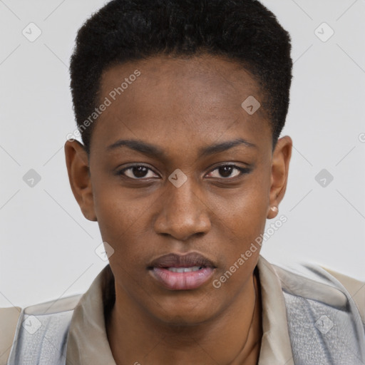 Neutral black young-adult female with short  brown hair and brown eyes