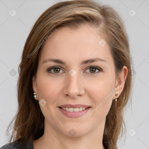 Joyful white young-adult female with medium  brown hair and grey eyes