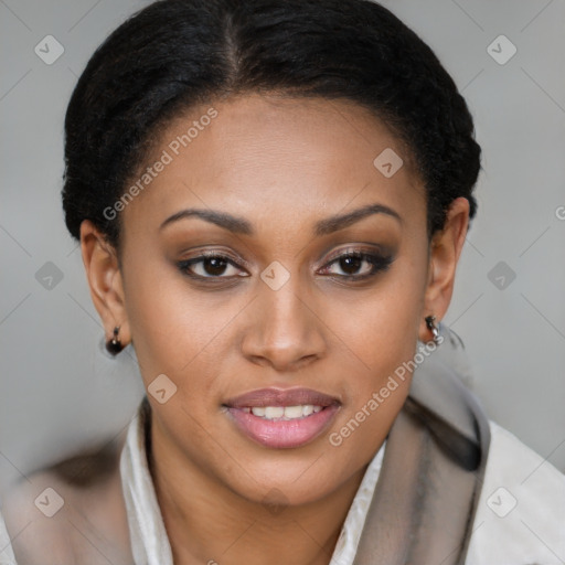 Joyful latino young-adult female with short  brown hair and brown eyes