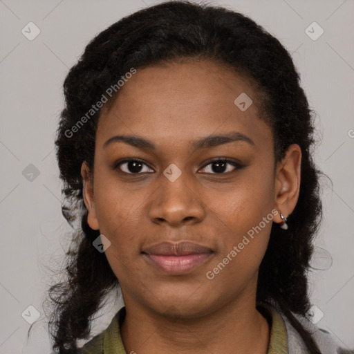 Neutral black young-adult female with short  black hair and brown eyes