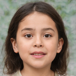 Joyful white child female with medium  brown hair and brown eyes