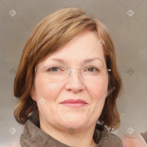 Joyful white adult female with medium  brown hair and blue eyes