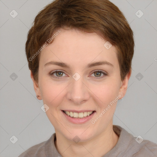 Joyful white young-adult female with short  brown hair and grey eyes