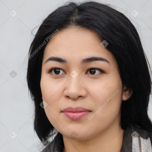 Joyful asian young-adult female with medium  black hair and brown eyes