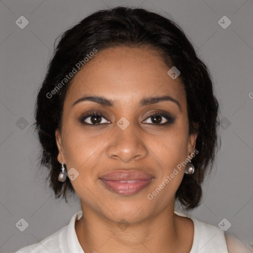 Joyful black young-adult female with medium  brown hair and brown eyes