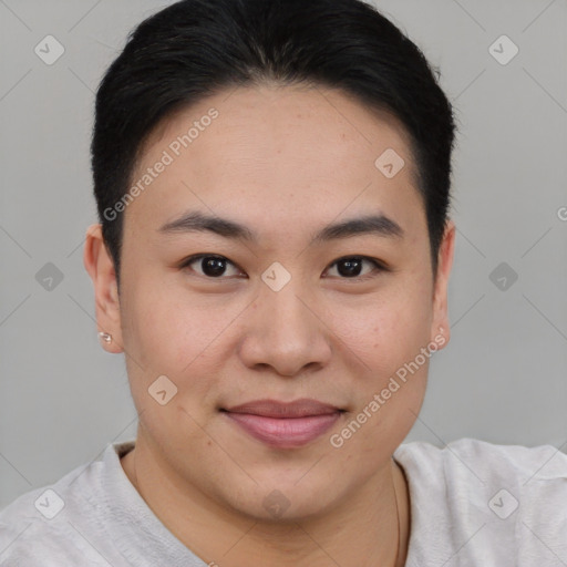 Joyful asian young-adult female with short  brown hair and brown eyes