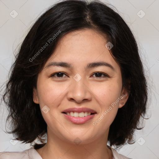 Joyful white young-adult female with medium  brown hair and brown eyes