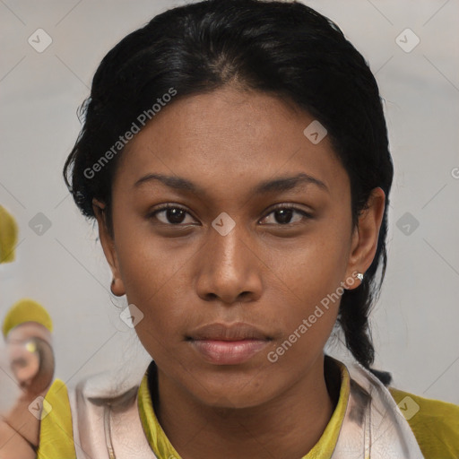 Neutral asian young-adult female with short  black hair and brown eyes