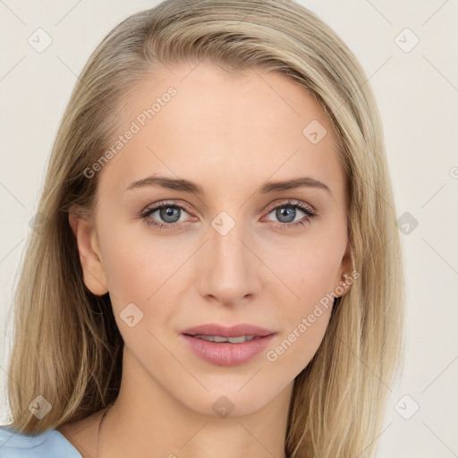 Joyful white young-adult female with long  brown hair and blue eyes