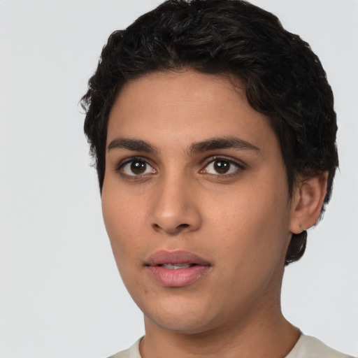 Neutral latino young-adult female with short  brown hair and brown eyes