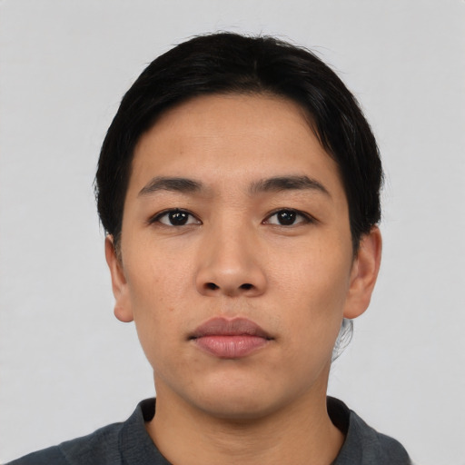 Neutral asian young-adult male with short  black hair and brown eyes