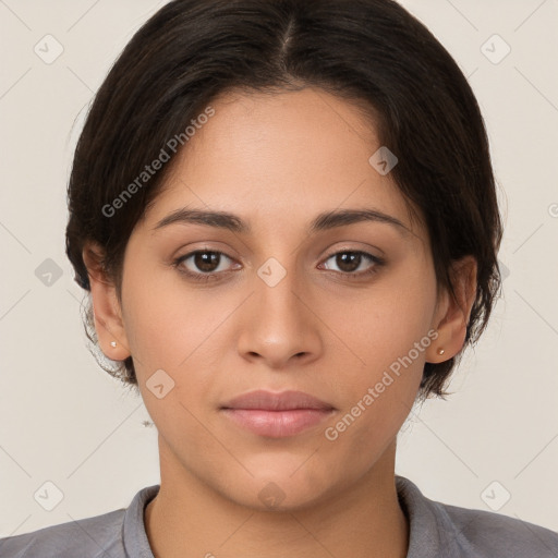 Neutral white young-adult female with medium  brown hair and brown eyes