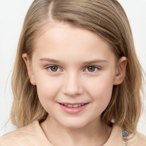 Joyful white child female with medium  brown hair and brown eyes