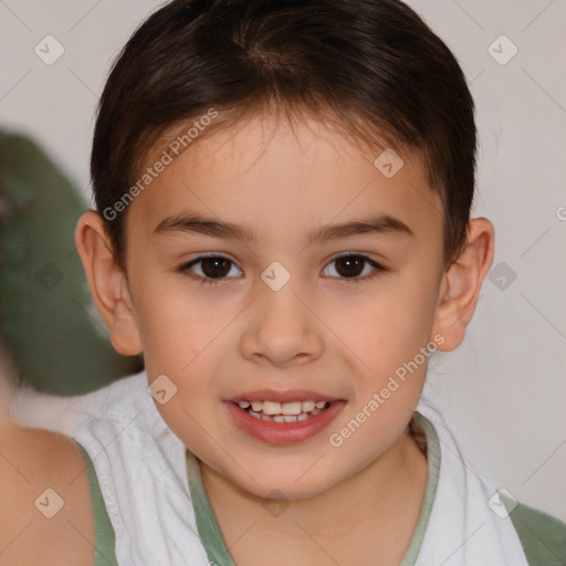 Joyful white child female with medium  brown hair and brown eyes