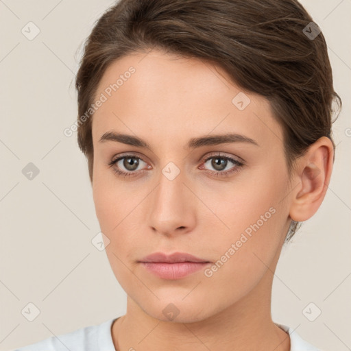 Neutral white young-adult female with short  brown hair and brown eyes