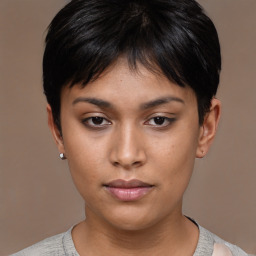 Neutral asian young-adult female with short  black hair and brown eyes