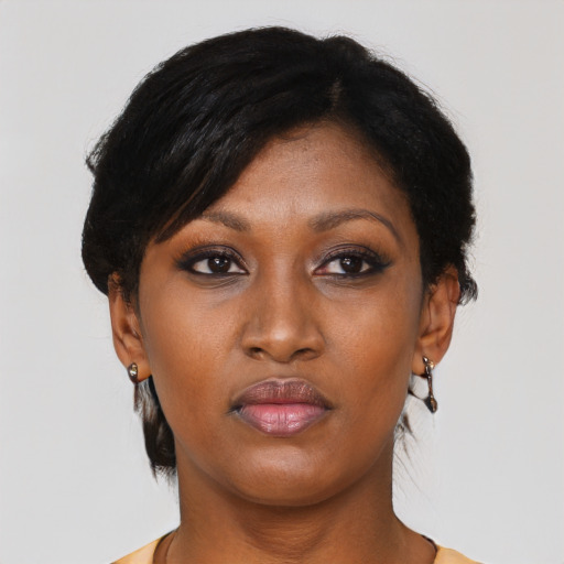 Neutral asian young-adult female with short  black hair and brown eyes