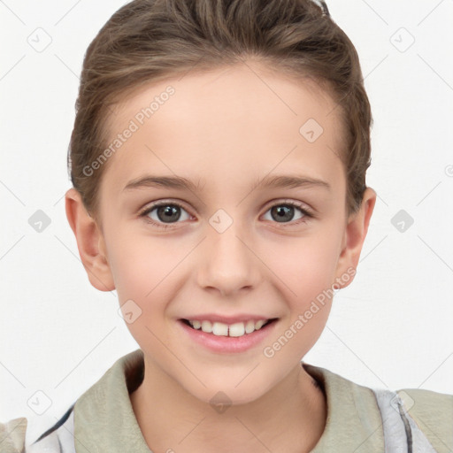 Joyful white child female with short  brown hair and brown eyes