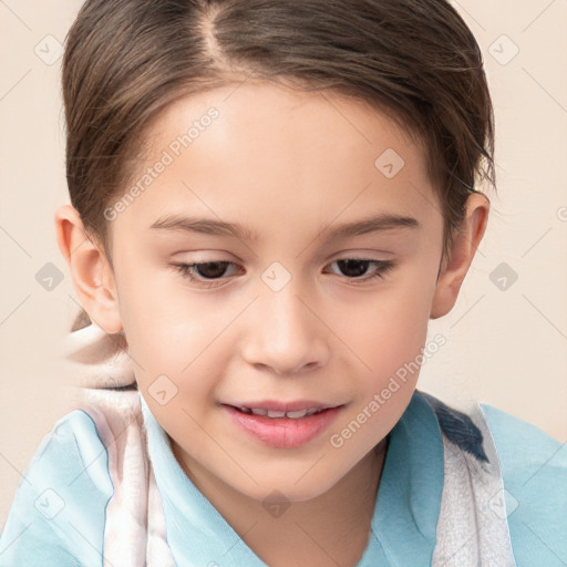 Joyful white child female with medium  brown hair and brown eyes