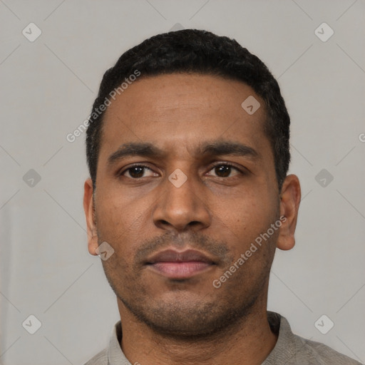 Neutral latino young-adult male with short  black hair and brown eyes