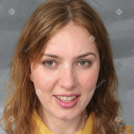 Joyful white young-adult female with medium  brown hair and blue eyes