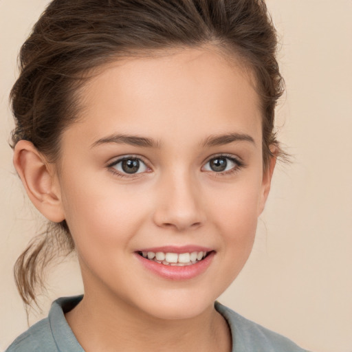 Joyful white child female with medium  brown hair and brown eyes